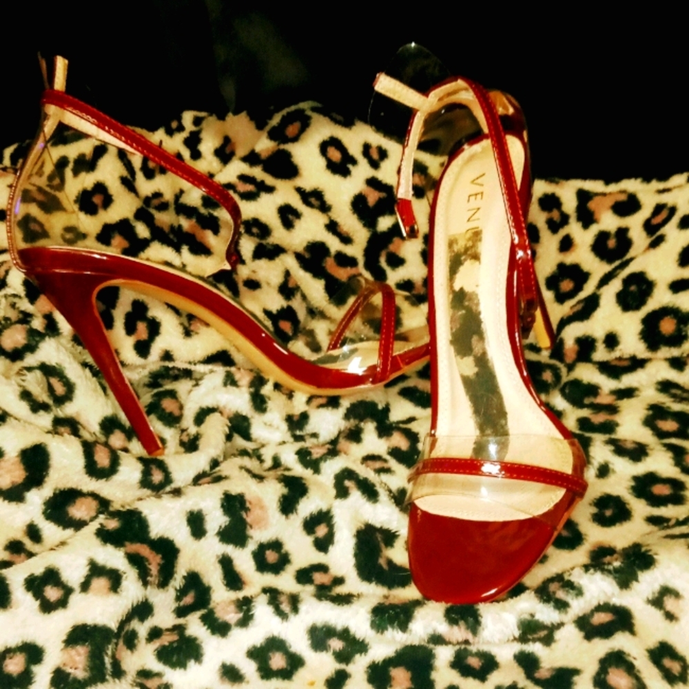 Burgundy clear ankle strap heel